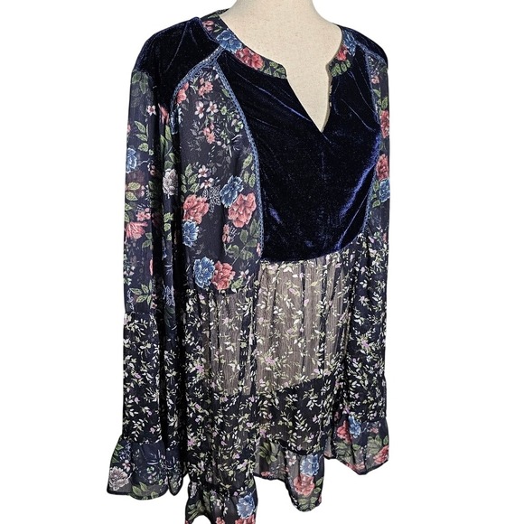 Suzanne Betro Boho Floral Velvet Sheer Lace Top Plus Size 3x with ruffle - Picture 2 of 14